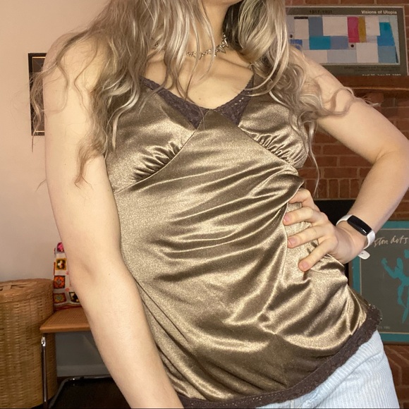 Vintage Y2K Silky Chocolate Lace Detail Cami Spaghetti Strap Tank Xhilar… - Picture 5 of 13